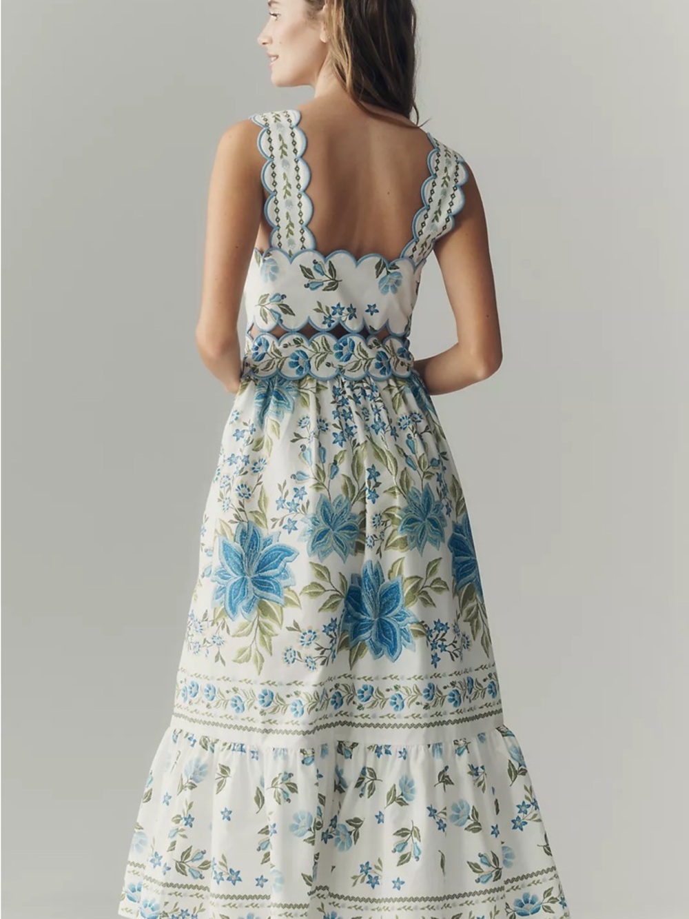 Farm Rio Sleeveless Scallop-Trim Printed Midi Dress w Floral Embroidery NWT GWP - Picture 3 of 7